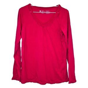 HUEtopia Long Sleeve Scoop Neck Cotton Blend Stretch Pullover Top Red Small